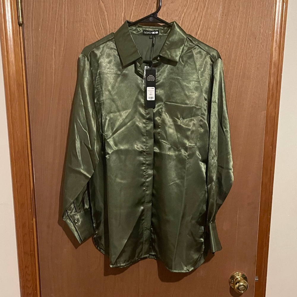 Fashion Nova Olive Green Satin Blouse